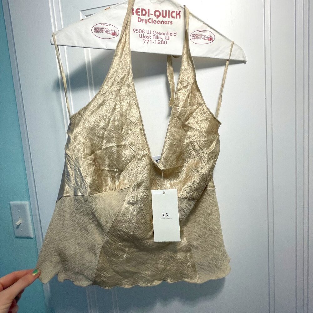 NEW Armani Exchange Silk Gold Halter Top Women's Large Fawn metallic tank NWT